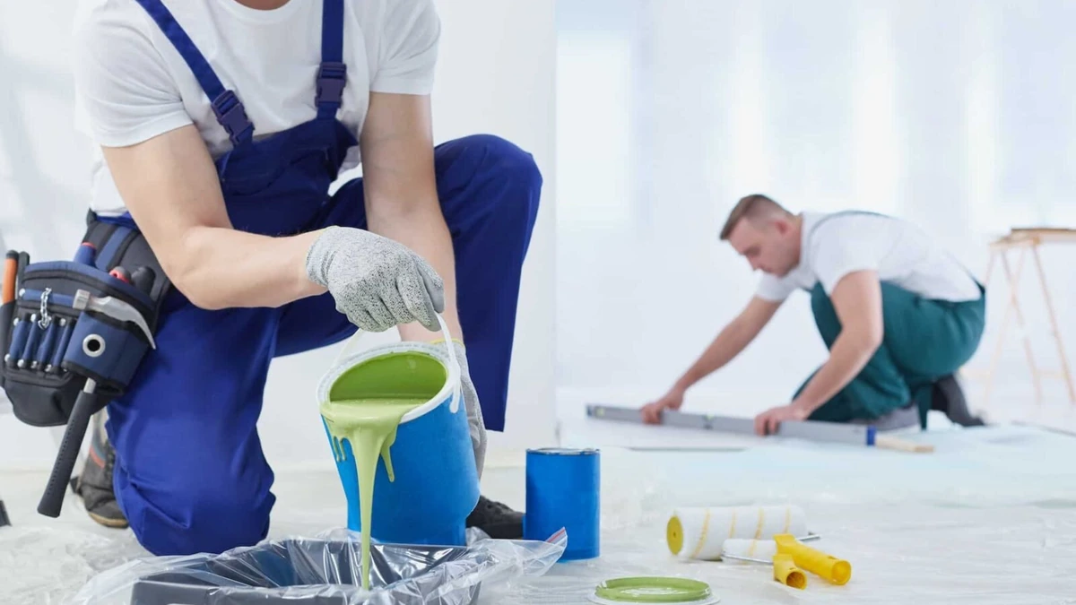 Two painters preparing a tin of green paint on a protected floor where low VOC paint can be specified