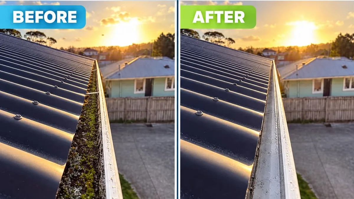 Before and after moss in gutters on a dark corrugated metal roof in Auckland, cleared to a clean channel