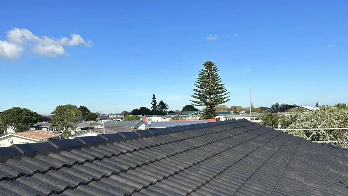 Dark concrete tile roof under a clear sky, the kind of roof a roof warranty covers