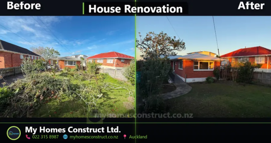 Before and after backyard clearance in Auckland - overgrown scrub cleared from a brick and tile home section by My Homes Construct Ltd