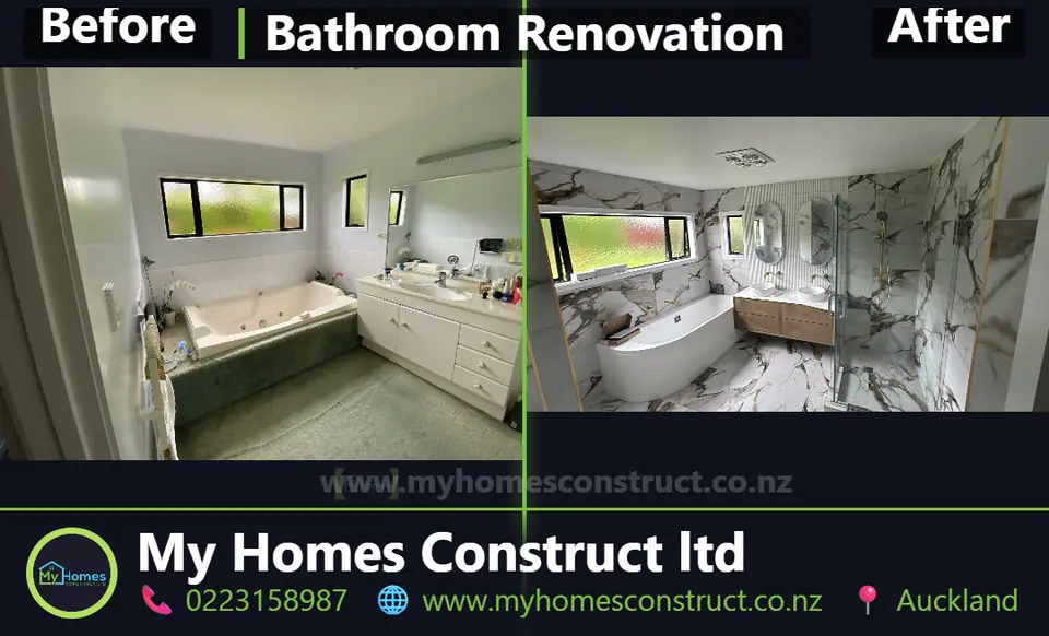 Before and after bathroom renovation in Auckland - dated bathroom retiled in marble-look tile with a new vanity by My Homes Construct Ltd