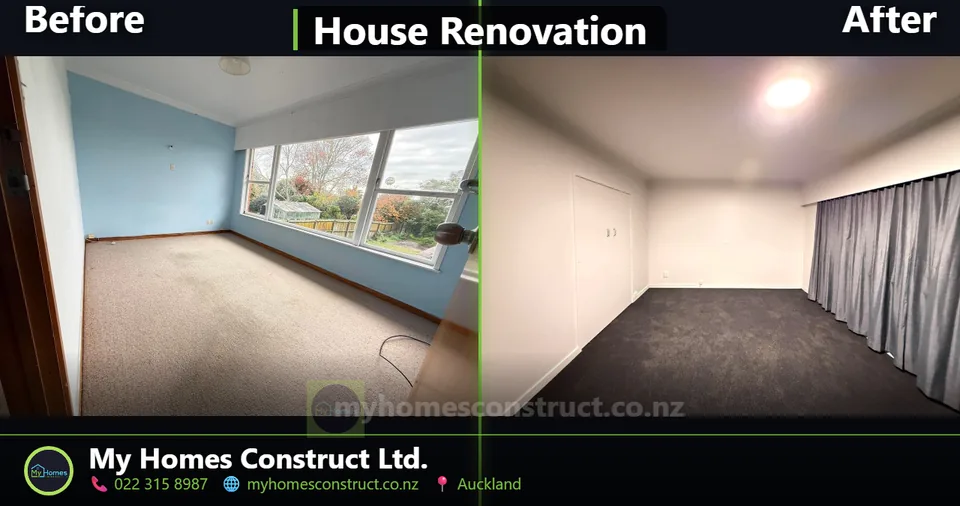 Before and after bedroom renovation in Auckland - blue walls repainted neutral and old carpet replaced by My Homes Construct Ltd