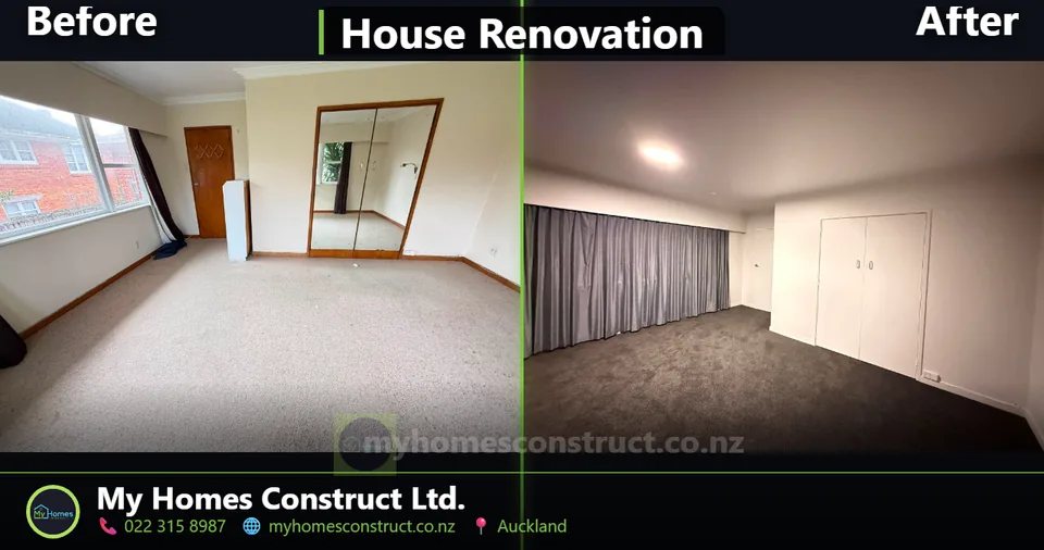 Before and after bedroom renovation in Auckland - mirrored wardrobe doors and worn carpet replaced by My Homes Construct Ltd