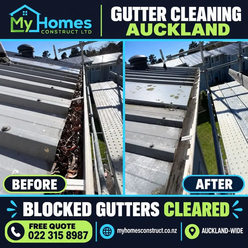 Before and after blocked gutter cleaning in Auckland - dead leaves cleared from a long-run roof gutter by My Homes Construct Ltd