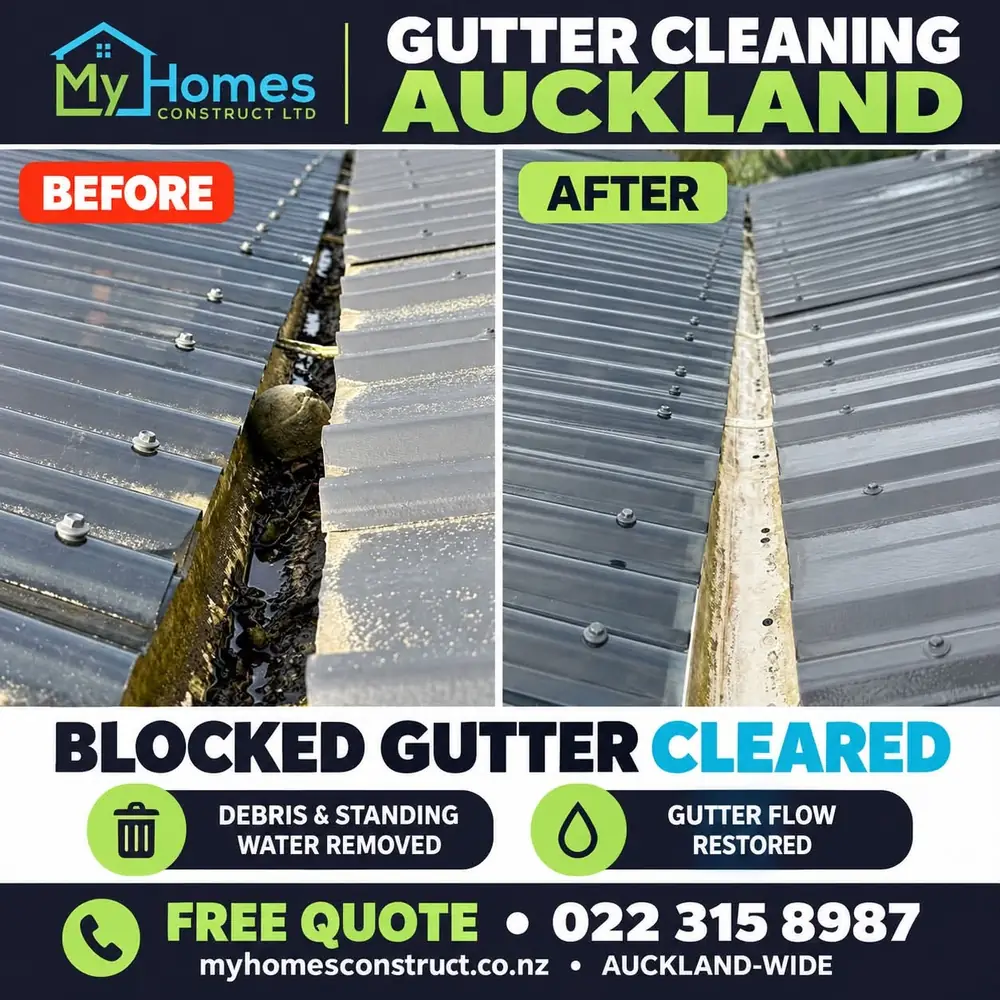Before and after blocked gutter cleaning in Auckland - debris and standing water cleared from a metal roof gutter by My Homes Construct Ltd
