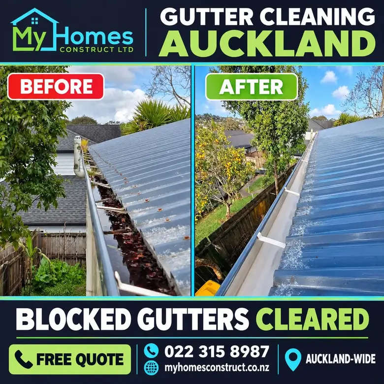 Before and after blocked gutter cleaning in Auckland - leaf litter cleared from a corrugated metal roof gutter by My Homes Construct Ltd