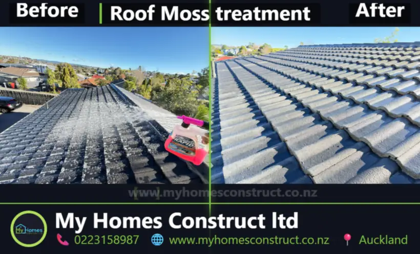 Before and after roof moss treatment on a charcoal concrete tile roof in Auckland by My Homes Construct Ltd