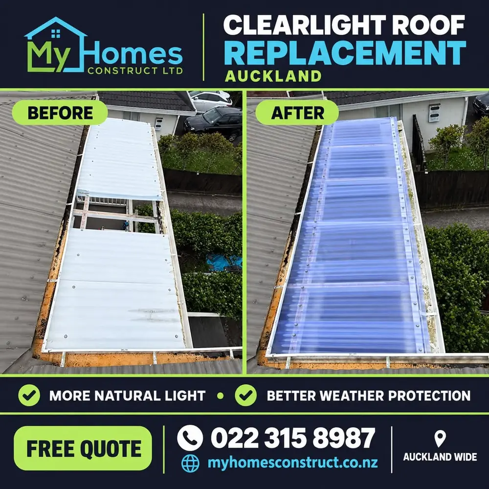 Before and after clearlight roof replacement in Auckland - aged translucent sheets replaced with new clear panels by My Homes Construct Ltd