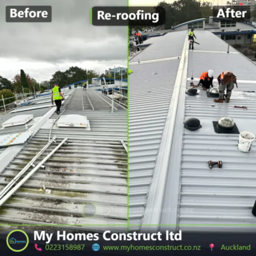 Before and after commercial metal re-roofing in Auckland - old long-run sheets replaced with new metal roofing by My Homes Construct Ltd