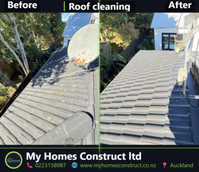 Before and after roof cleaning on a concrete tile roof in Auckland - lichen and moss washed off by My Homes Construct Ltd
