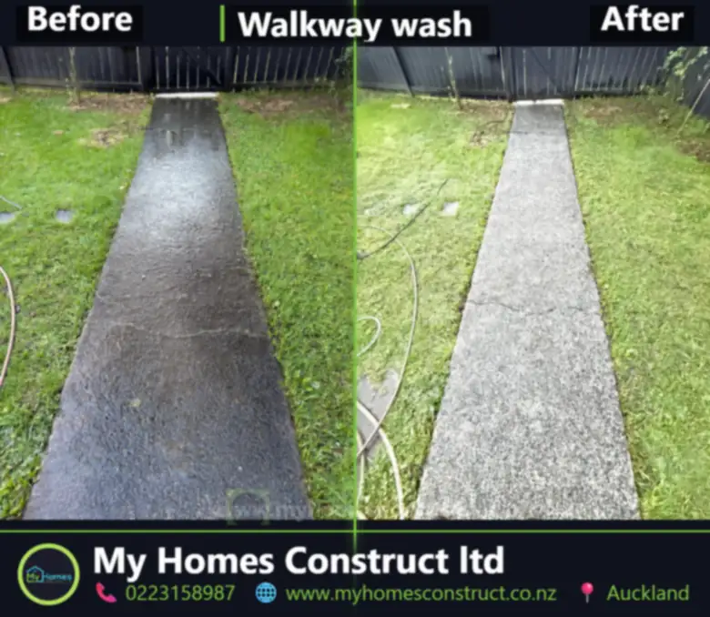 Before and after concrete walkway wash in Auckland - moss and algae washed off a garden path by My Homes Construct Ltd