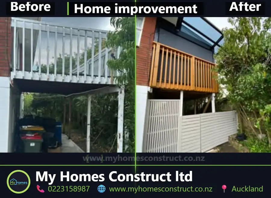 Before and after deck balustrade replacement in Auckland - new stained timber balustrade and under-deck slat screening by My Homes Construct Ltd