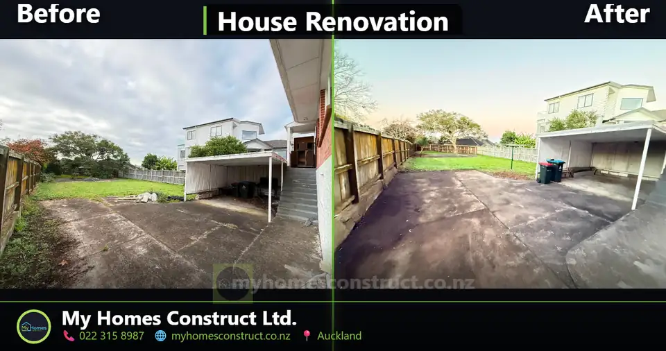 Before and after driveway and carport clean-up in Auckland - weeds cleared from cracked concrete by My Homes Construct Ltd