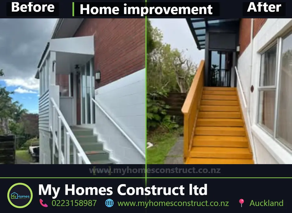 Before and after exterior stair rebuild in Auckland - painted stairs replaced with timber treads and handrail by My Homes Construct Ltd