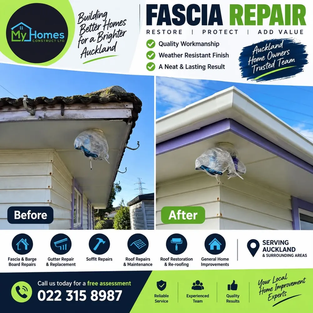 Before and after fascia repair in Auckland - weathered fascia at the eave renewed with a clean white finish by My Homes Construct Ltd