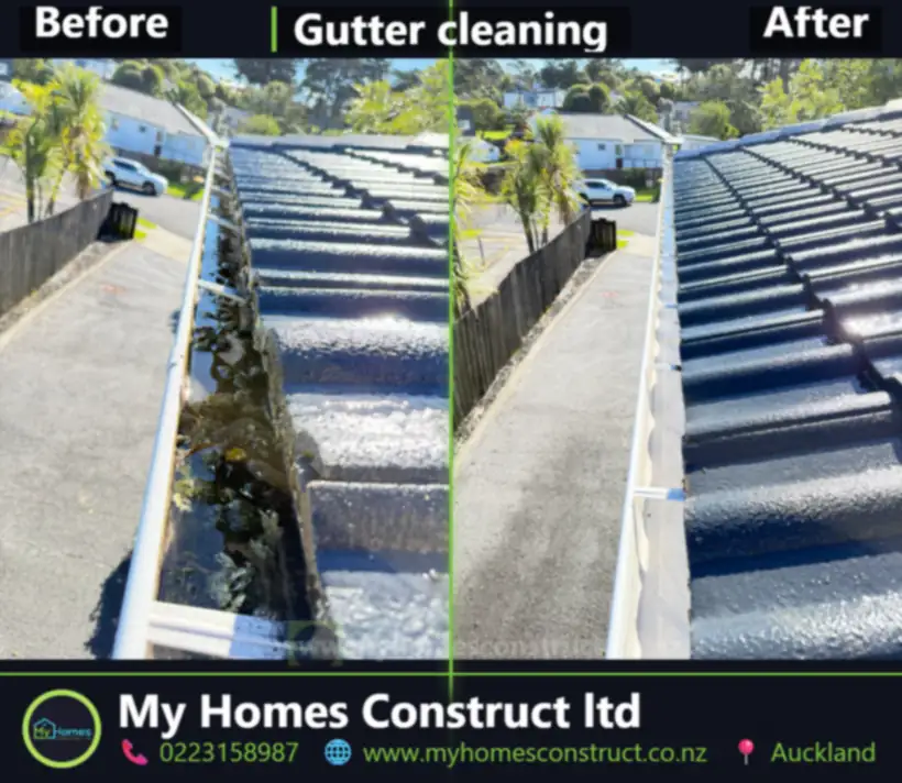 Before and after gutter cleaning above a driveway in Auckland - grass and silt removed by My Homes Construct Ltd