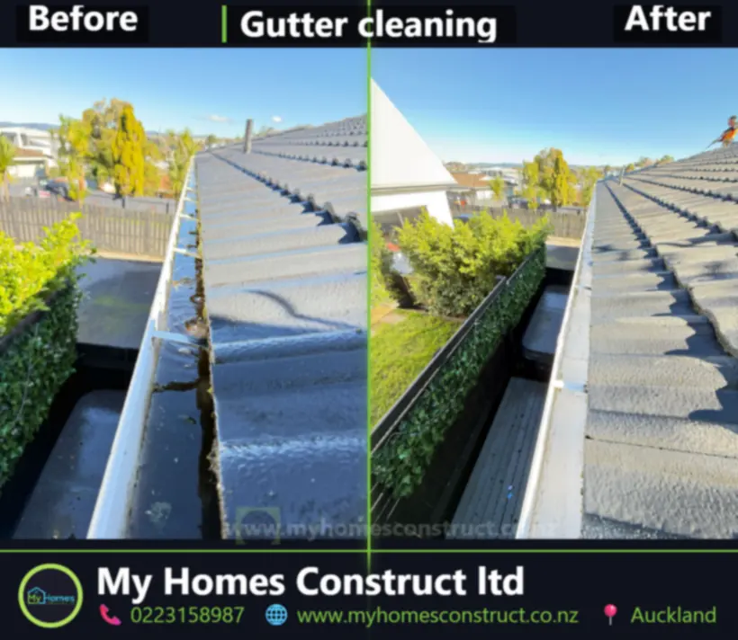 Before and after gutter cleaning beside a hedge line in Auckland - packed leaf litter cleared by My Homes Construct Ltd