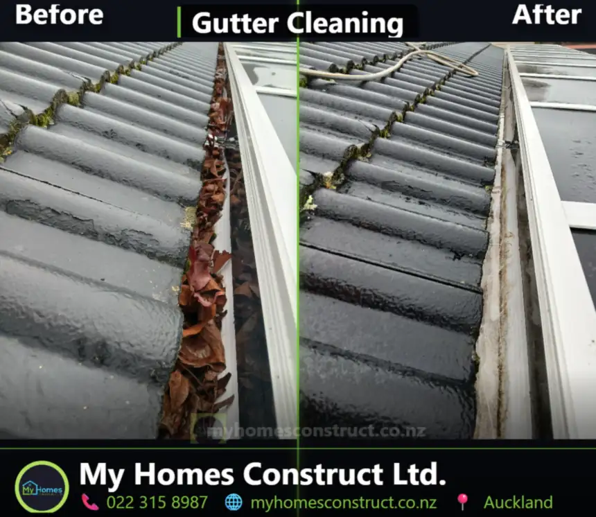 Before and after gutter cleaning on a concrete tile roof in Auckland - gutter packed with dead leaves cleared by My Homes Construct Ltd