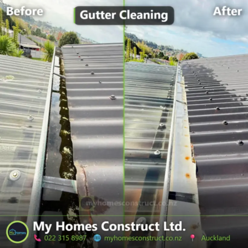 Before and after gutter cleaning on a long-run corrugated metal roof in Auckland by My Homes Construct Ltd