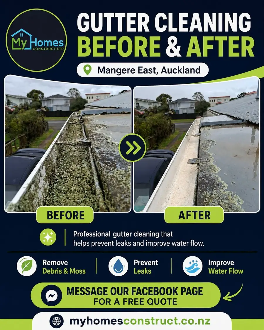 Before and after gutter cleaning in Mangere East, Auckland - moss and silt cleared from a long gutter run by My Homes Construct Ltd