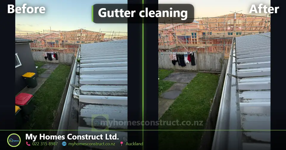 Before and after gutter cleaning in Manukau, Auckland - rear gutter run cleared of silt and growth by My Homes Construct Ltd