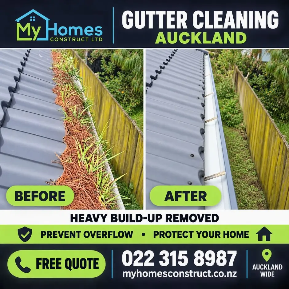 Before and after gutter cleaning in Auckland - pine needles and grass cleared beside a boundary fence by My Homes Construct Ltd