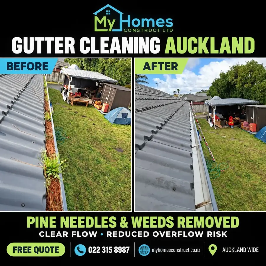 Before and after gutter cleaning in Auckland - pine needles and weeds cleared from a tile roof gutter above a backyard by My Homes Construct Ltd