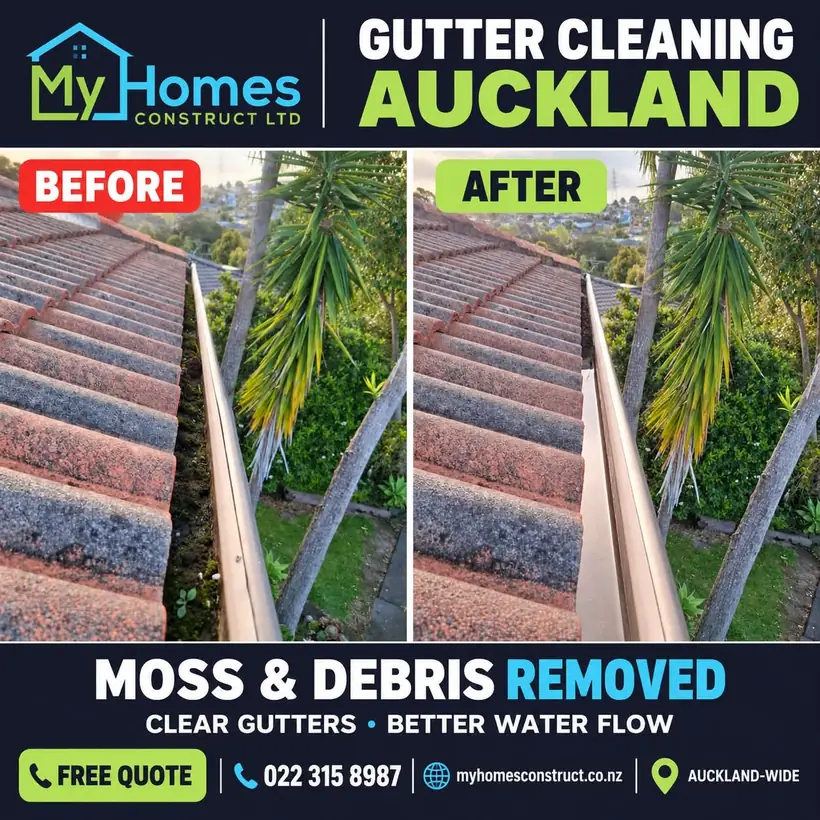 Before and after gutter cleaning on a red tile roof in Auckland - moss and debris removed from the gutter by My Homes Construct Ltd