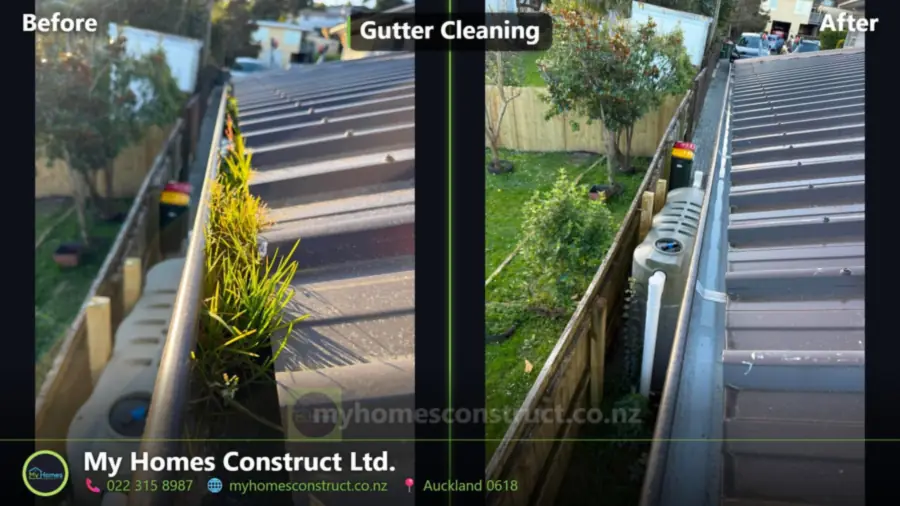 Before and after gutter cleaning in Auckland - weeds rooted in gutter silt removed by My Homes Construct Ltd