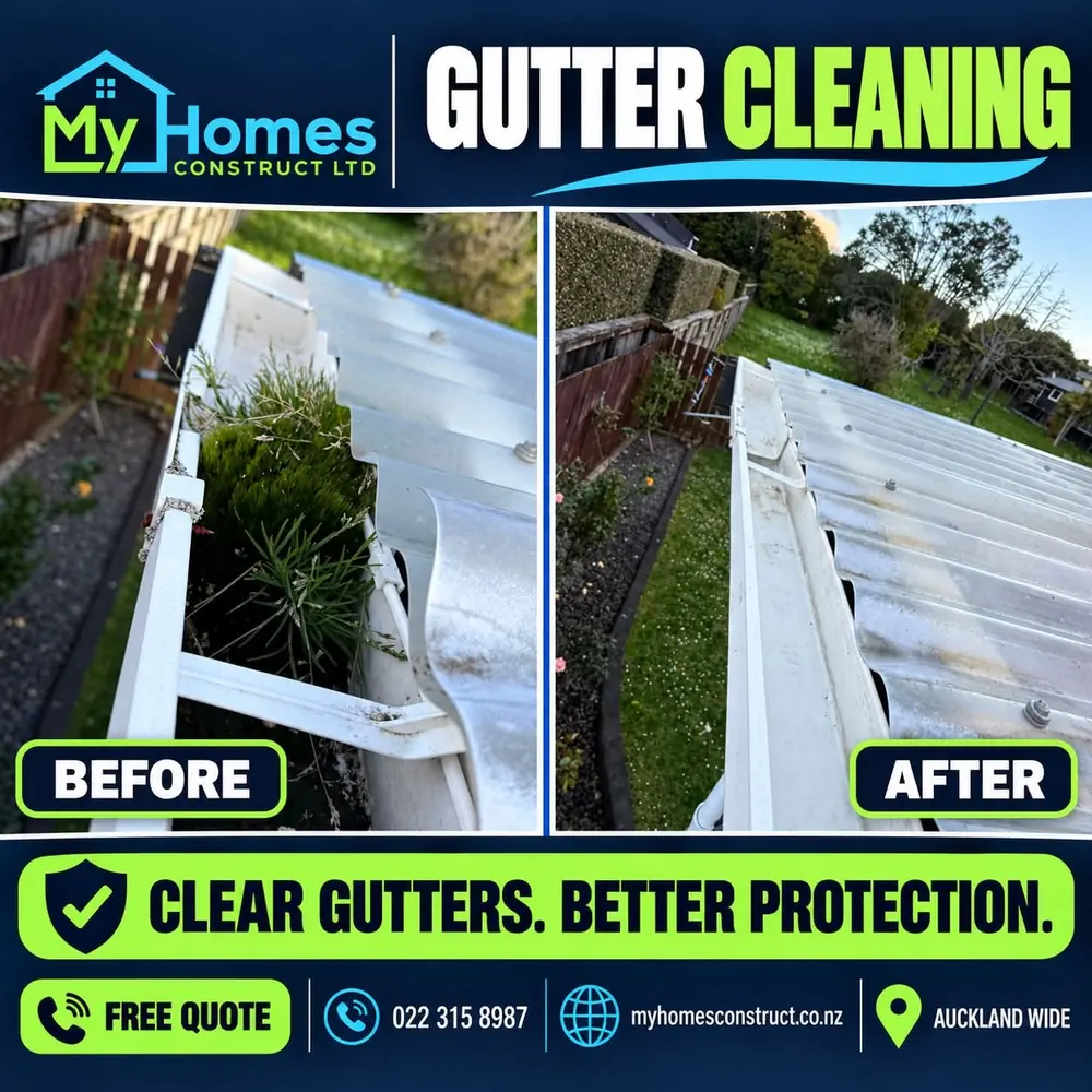 Before and after gutter cleaning in Auckland - shrub growth removed from a white gutter beside a garden fence by My Homes Construct Ltd