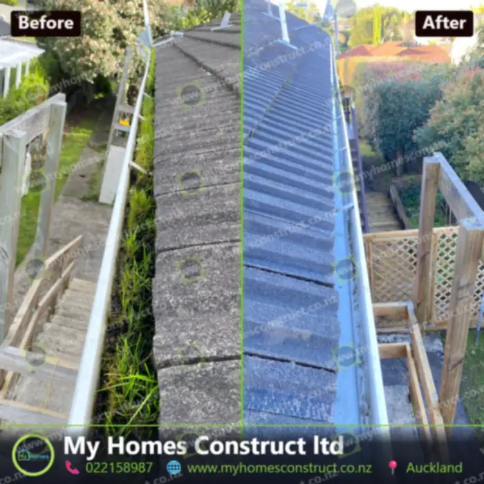 Before and after gutter cleaning in South Auckland - moss and weed growth cleared from a tile roof gutter by My Homes Construct Ltd