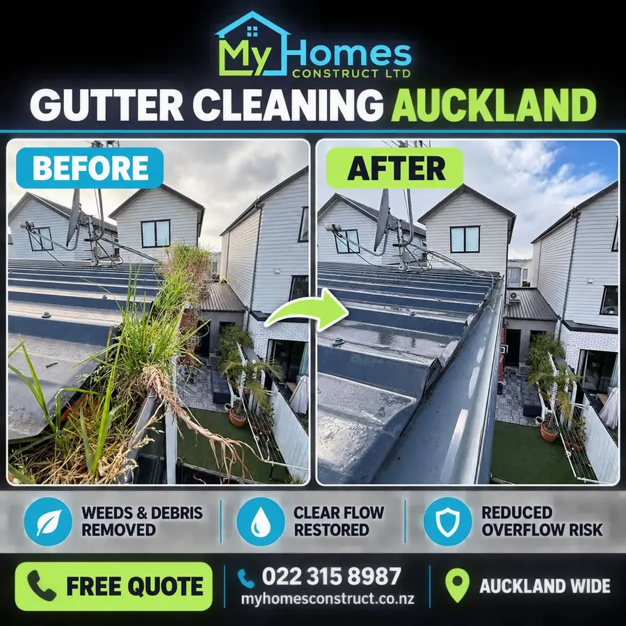Before and after gutter cleaning at an Auckland townhouse - tall weeds and debris removed from the roof gutter by My Homes Construct Ltd