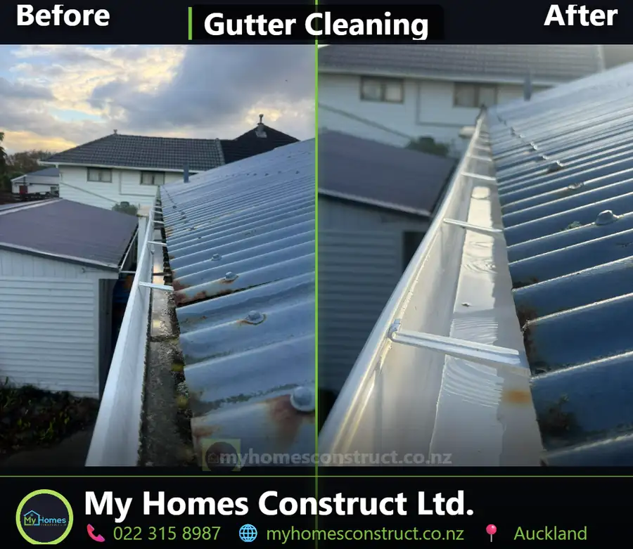 Before and after gutter cleaning on a two-storey Auckland home by My Homes Construct Ltd