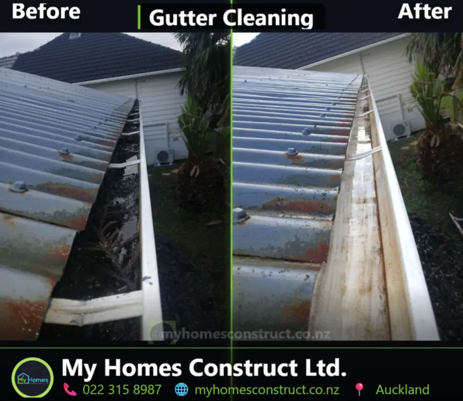 Before and after gutter cleaning beside a weatherboard wall in Auckland - compacted silt removed by My Homes Construct Ltd