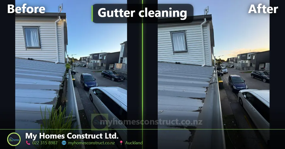 Before and after gutter cleaning at a West Harbour townhouse in Auckland - weeds cleared from the driveway-side gutter by My Homes Construct Ltd