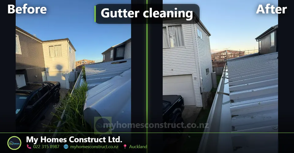 Before and after gutter cleaning between two-storey townhouses in West Harbour, Auckland by My Homes Construct Ltd