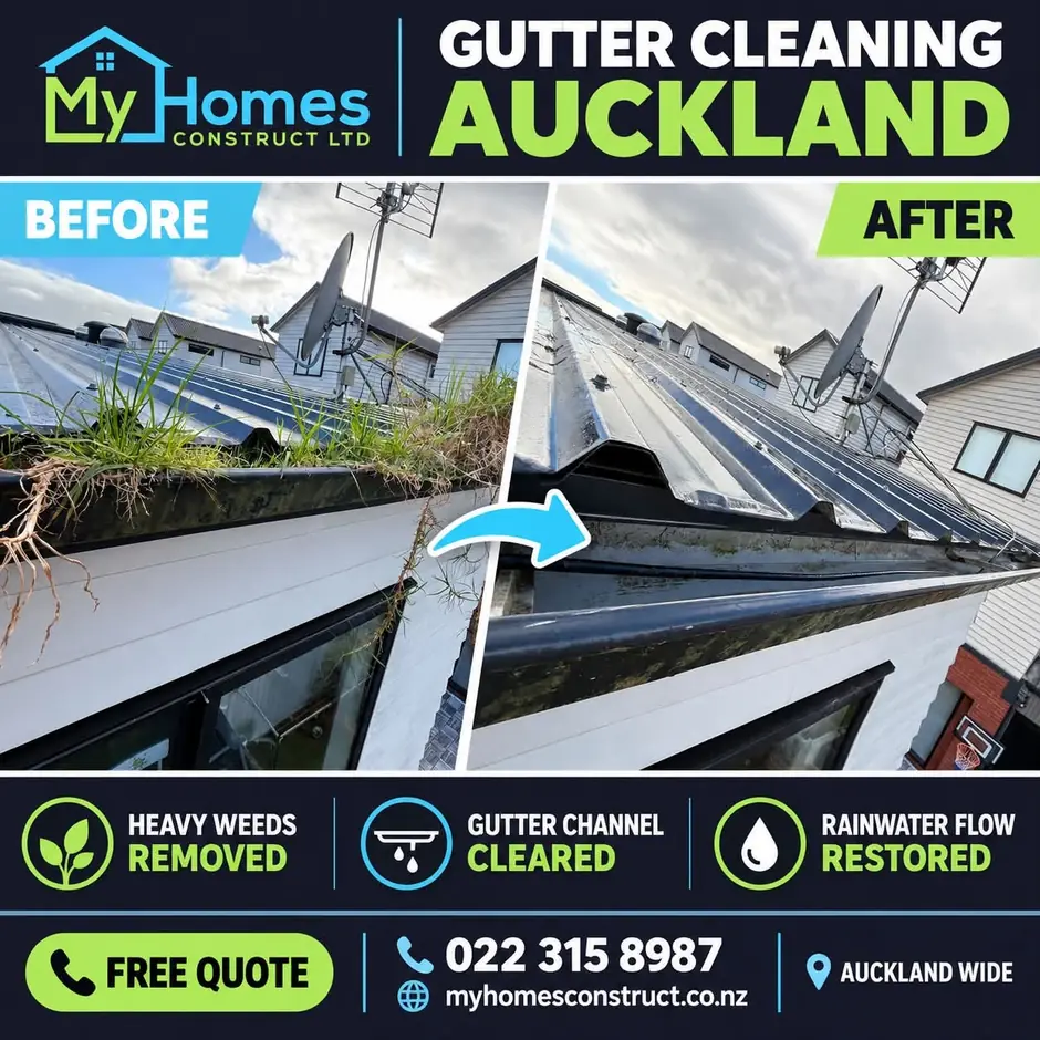 Before and after gutter weed removal in Auckland - grass cleared from a roof edge gutter by My Homes Construct Ltd