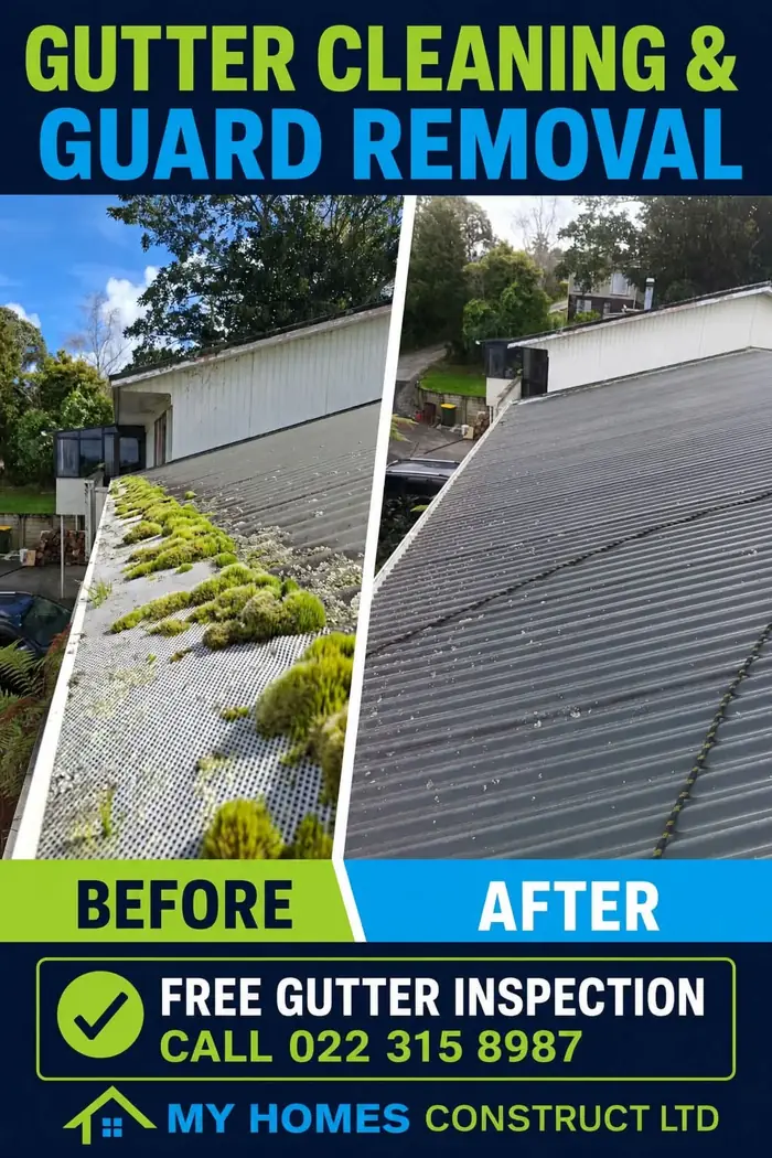 Before and after gutter guard removal and cleaning in Auckland - moss-covered mesh cleared from a metal roof gutter by My Homes Construct Ltd