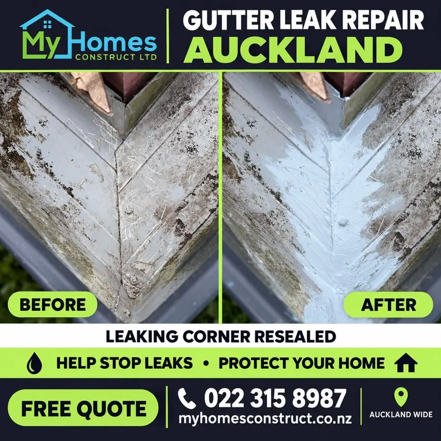 Before and after gutter leak repair in Auckland - leaking gutter corner joint resealed with white sealant by My Homes Construct Ltd