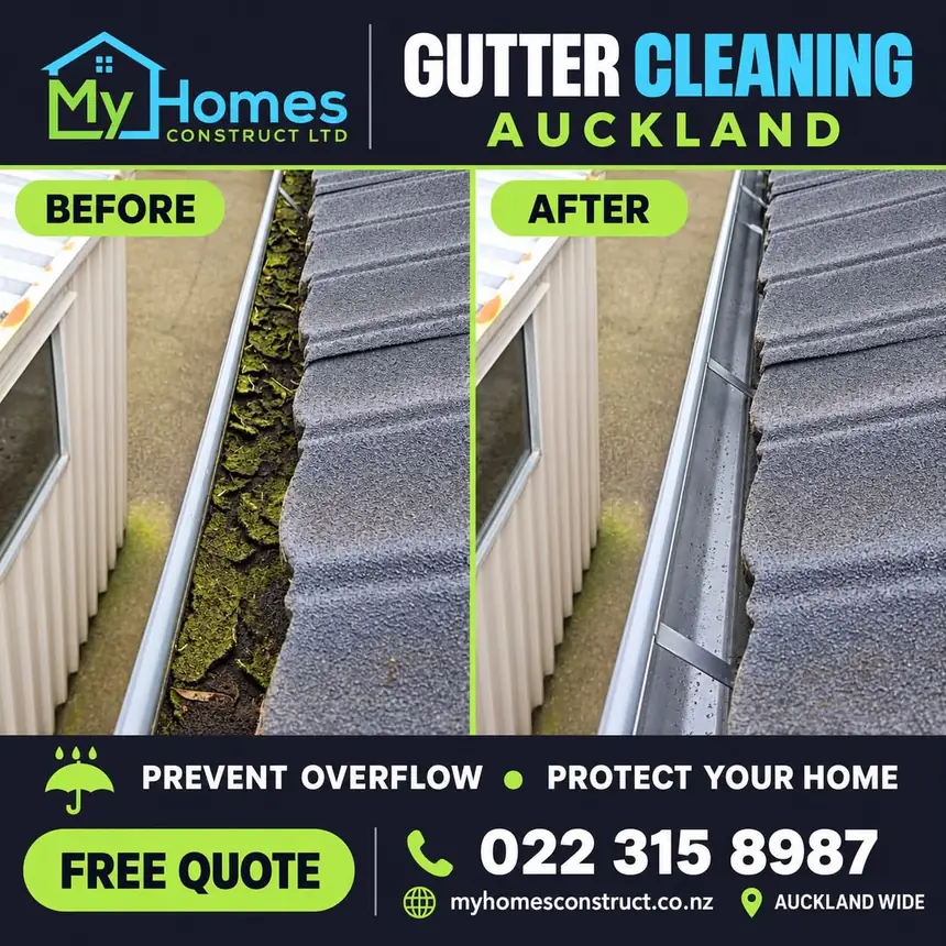 Before and after gutter cleaning in Auckland - thick moss cleared from the gutter beside a tile roof and wall by My Homes Construct Ltd