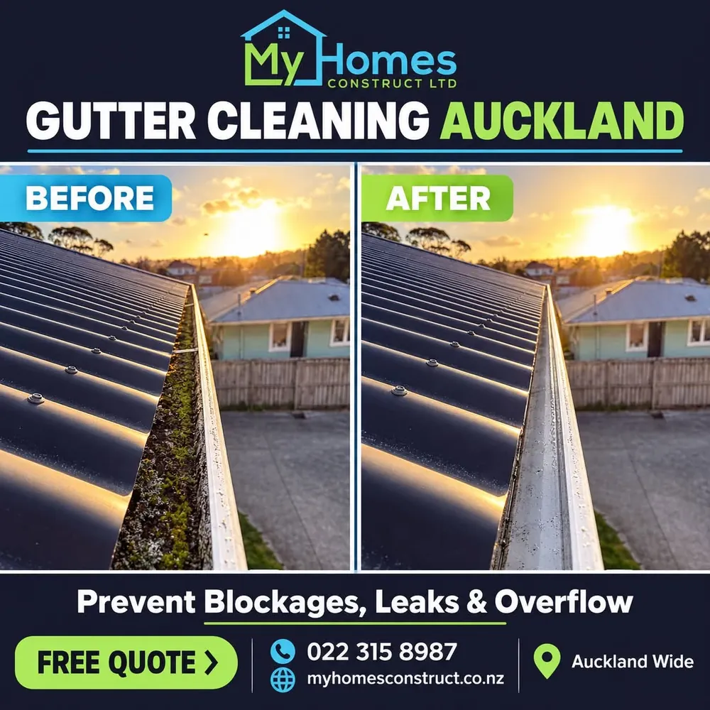 Before and after gutter cleaning in Auckland - moss and silt cleared from a corrugated metal roof gutter at dusk by My Homes Construct Ltd