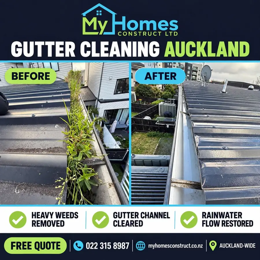 Before and after overgrown gutter cleaning in Auckland - heavy weeds removed from a townhouse roof gutter by My Homes Construct Ltd