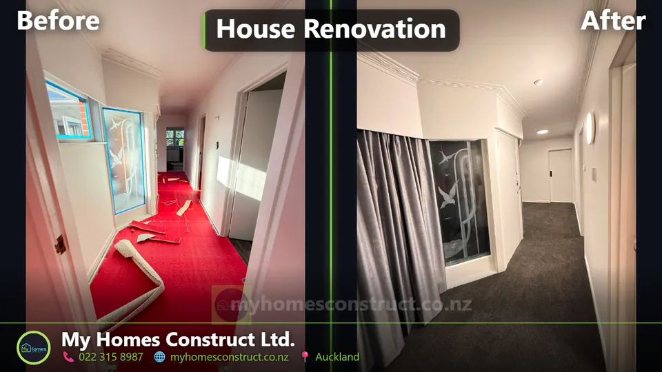 Before and after hallway carpet replacement in Auckland - old red carpet lifted and charcoal carpet laid by My Homes Construct Ltd