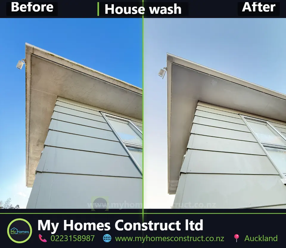 Before and after house wash in Auckland - soffit, fascia and cladding washed clean by My Homes Construct Ltd