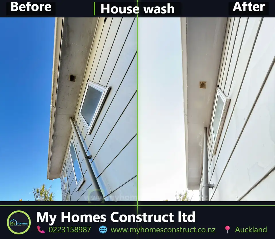 Before and after house wash in Auckland - dirt and mould staining washed off cladding and window surrounds by My Homes Construct Ltd