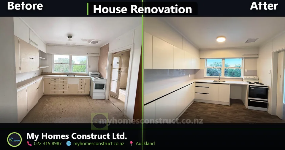 Before and after kitchen renovation in Auckland - dated laminate kitchen replaced with white handleless joinery by My Homes Construct Ltd