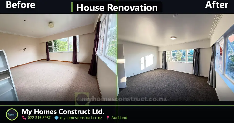 Before and after lounge renovation in Auckland - worn beige carpet replaced with charcoal carpet and fresh paint by My Homes Construct Ltd