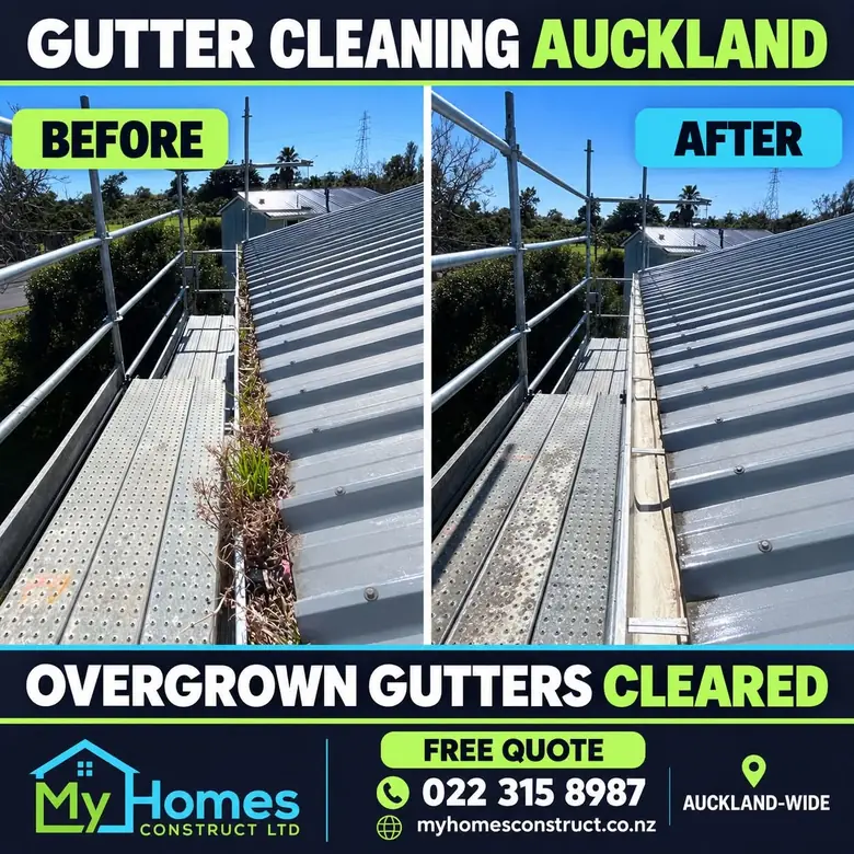 Before and after overgrown gutter cleaning in Auckland - weeds and debris cleared from a scaffolded long-run roof gutter by My Homes Construct Ltd