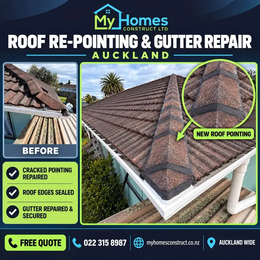 Before and after roof re-pointing and gutter repair in Auckland - cracked ridge pointing repaired on a tile roof by My Homes Construct Ltd