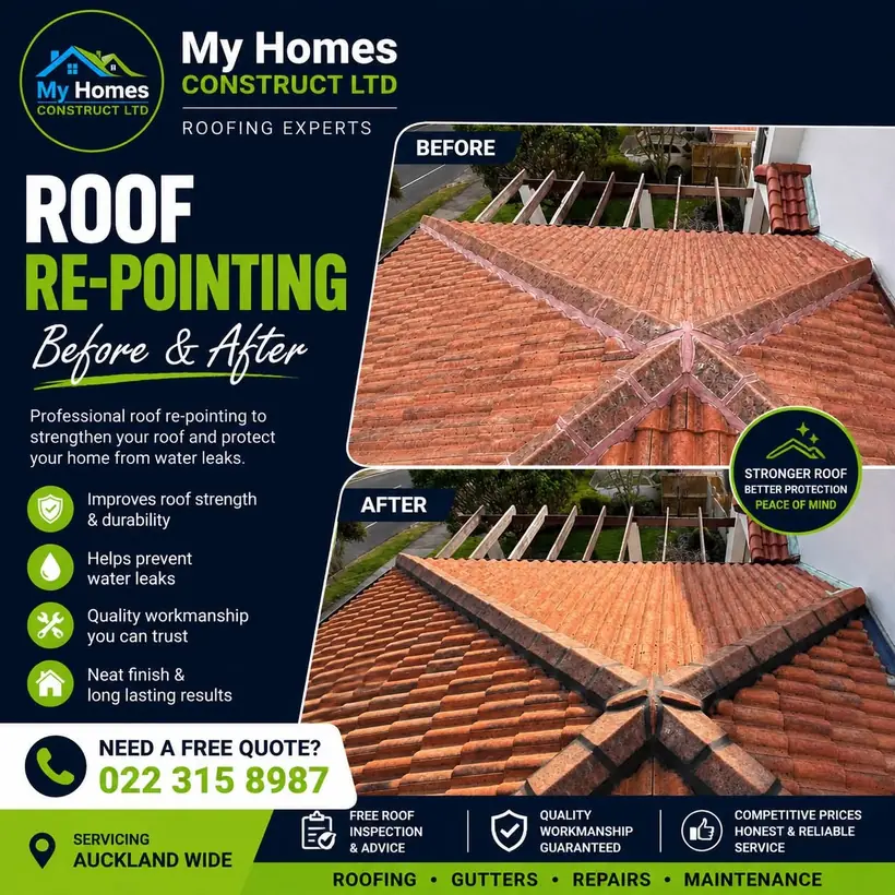 Before and after terracotta tile roof re-pointing in Auckland - hip and ridge cap pointing renewed by My Homes Construct Ltd